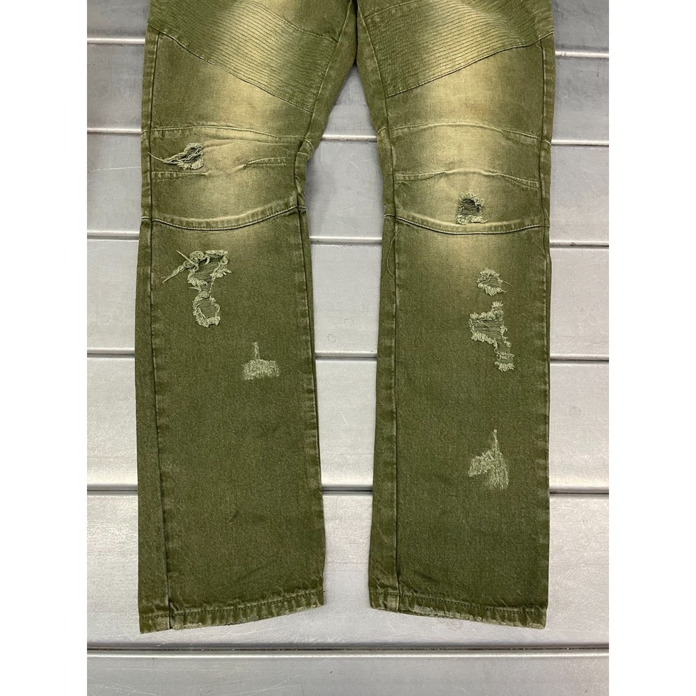 Square Zero Slim Straight Jeans Mens 40x33 Green Denim Faded Distressed Moto - Picture 5 of 16